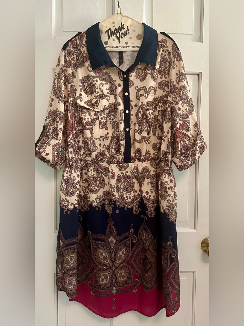 Paisley Print Collared Tie-Waist Dress in Cream and Navy